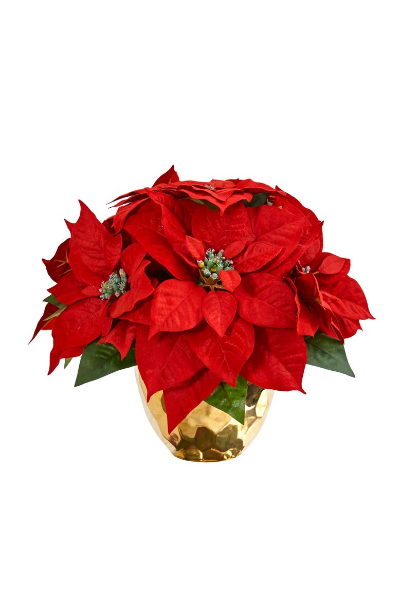 NEARLY NATURAL Poinsettia Artificial Arrangement in Golden Vase, Main, color, Red