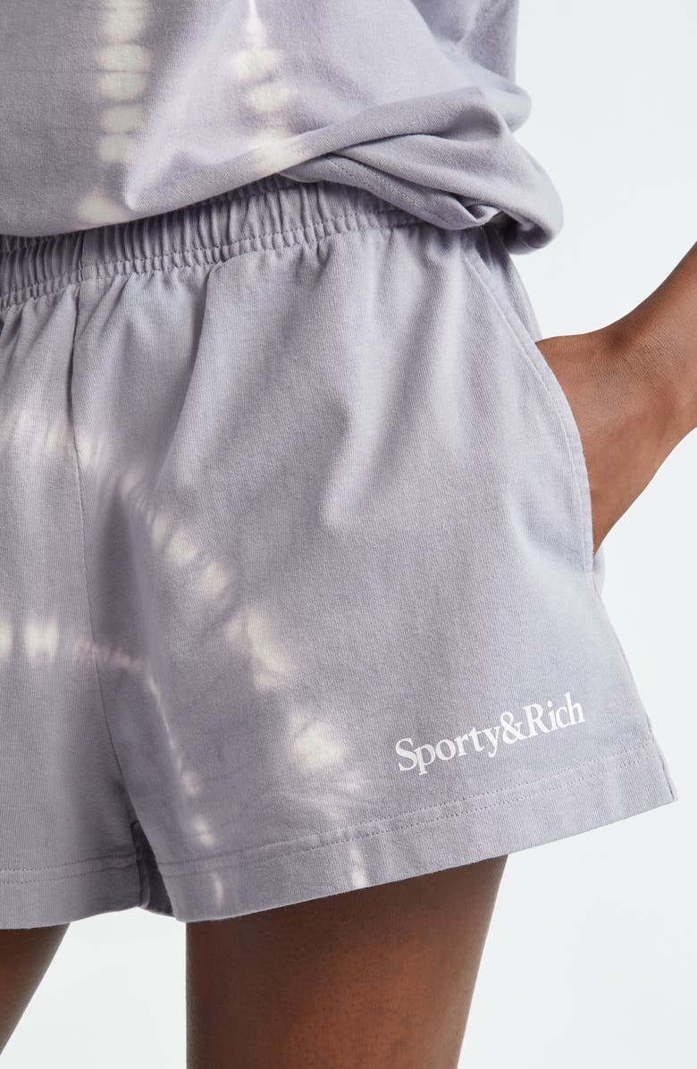 Sporty & Rich Serif Tie Dye Logo Cotton Disco Shorts, Alternate, color, Easter Egg Tie Dye