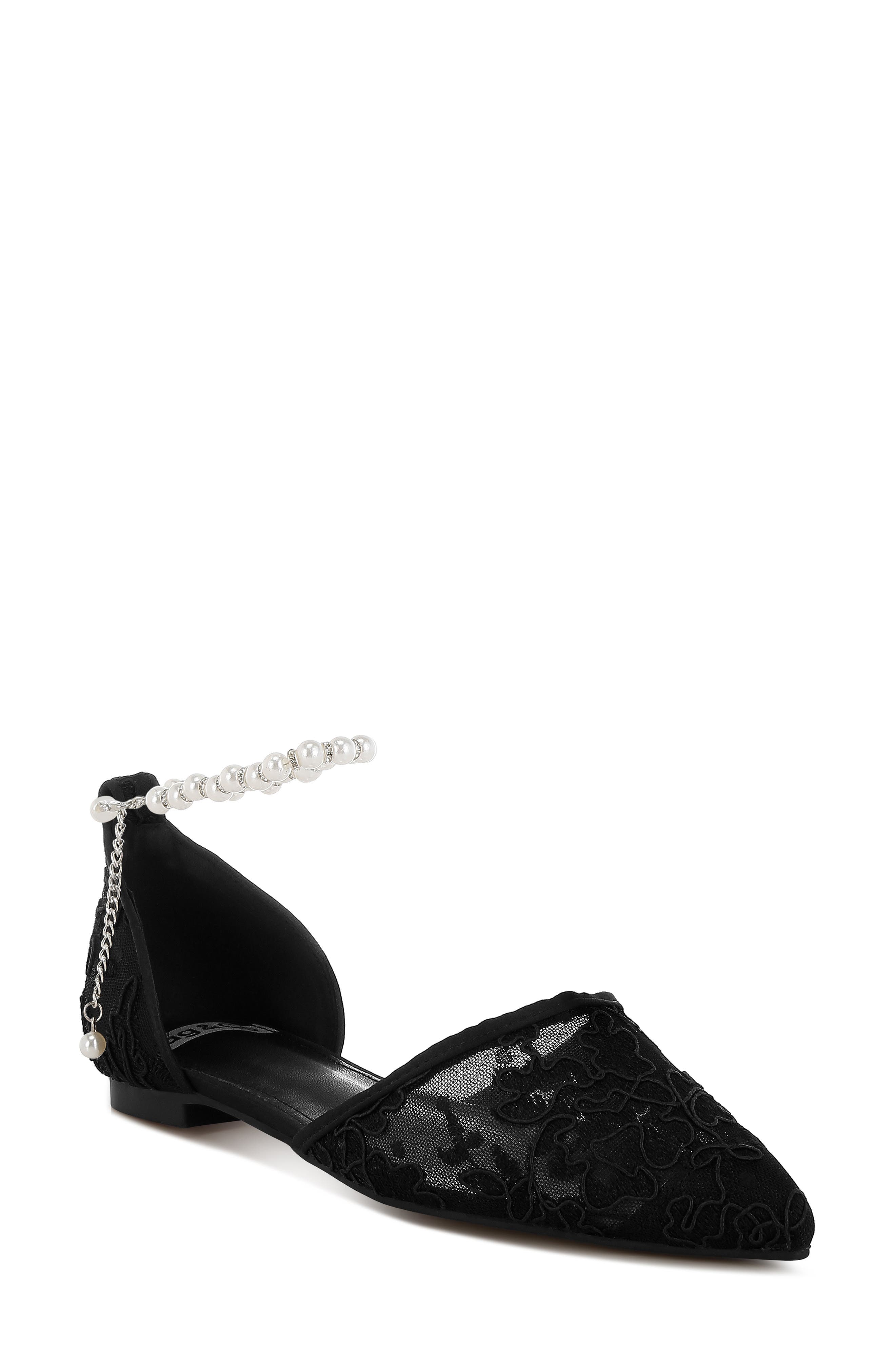 Rag & Co Seymor Faux Pearl Tie Strap Lace Flat, Main, color, Black