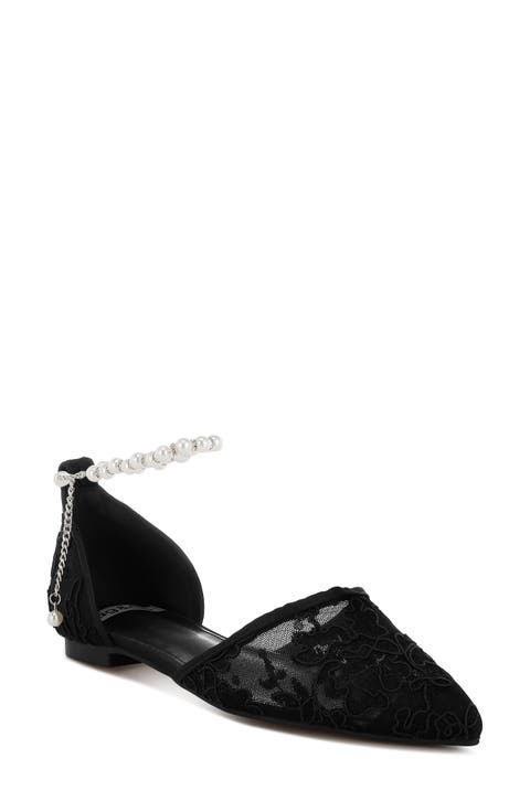 Seymor Faux Pearl Tie Strap Lace Flat (Women)