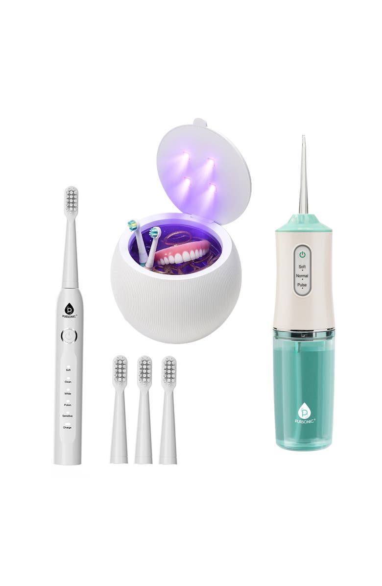 PURSONIC Complete Oral Care & Hygiene Bundle Ultrasonic Cleaner Pod, Oral Irrigator, & USB Sonic Toothbrush, Main, color, White