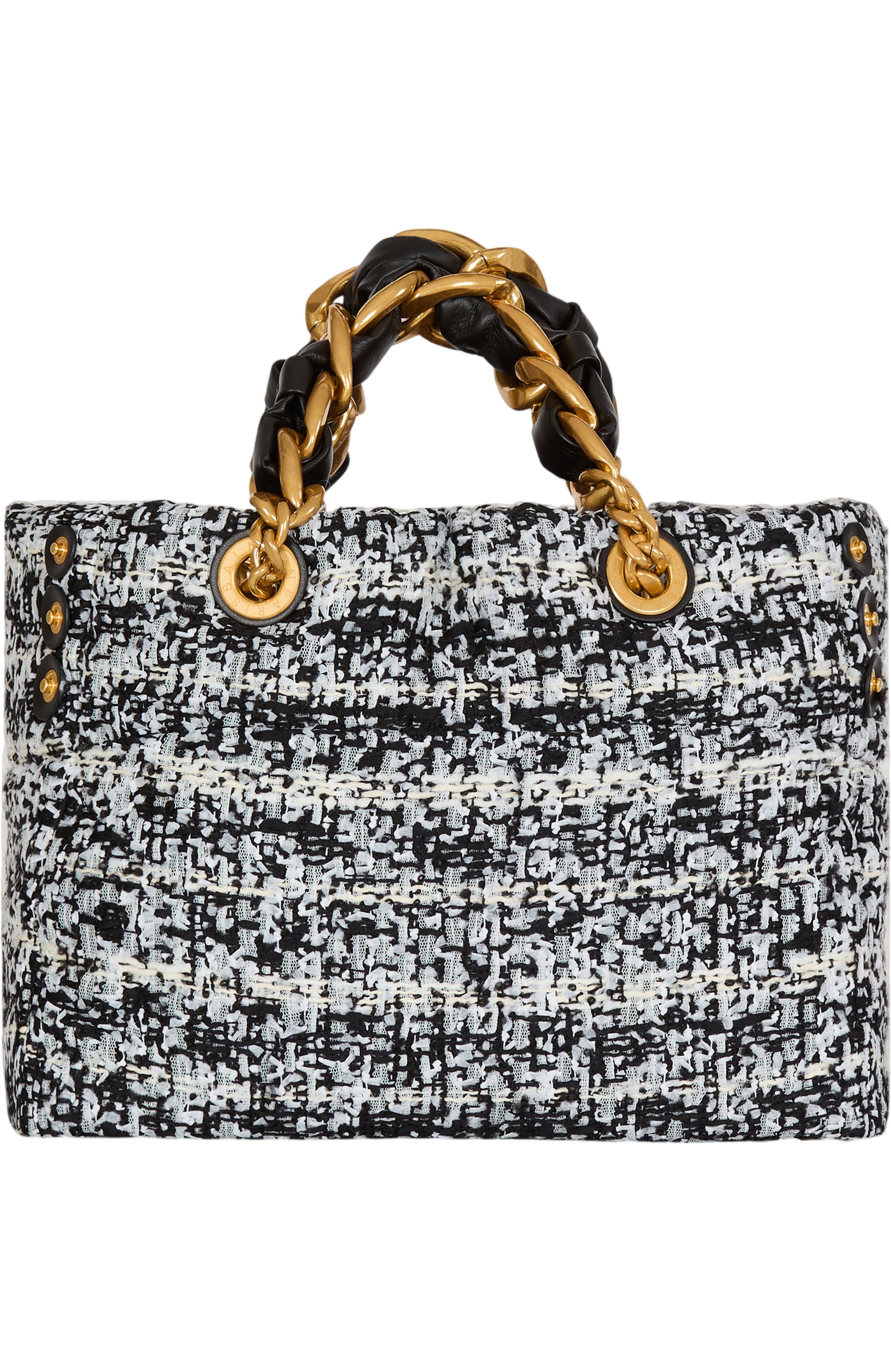 Balmain Small 1945 Soft tweed tote bag, Alternate, color, Black