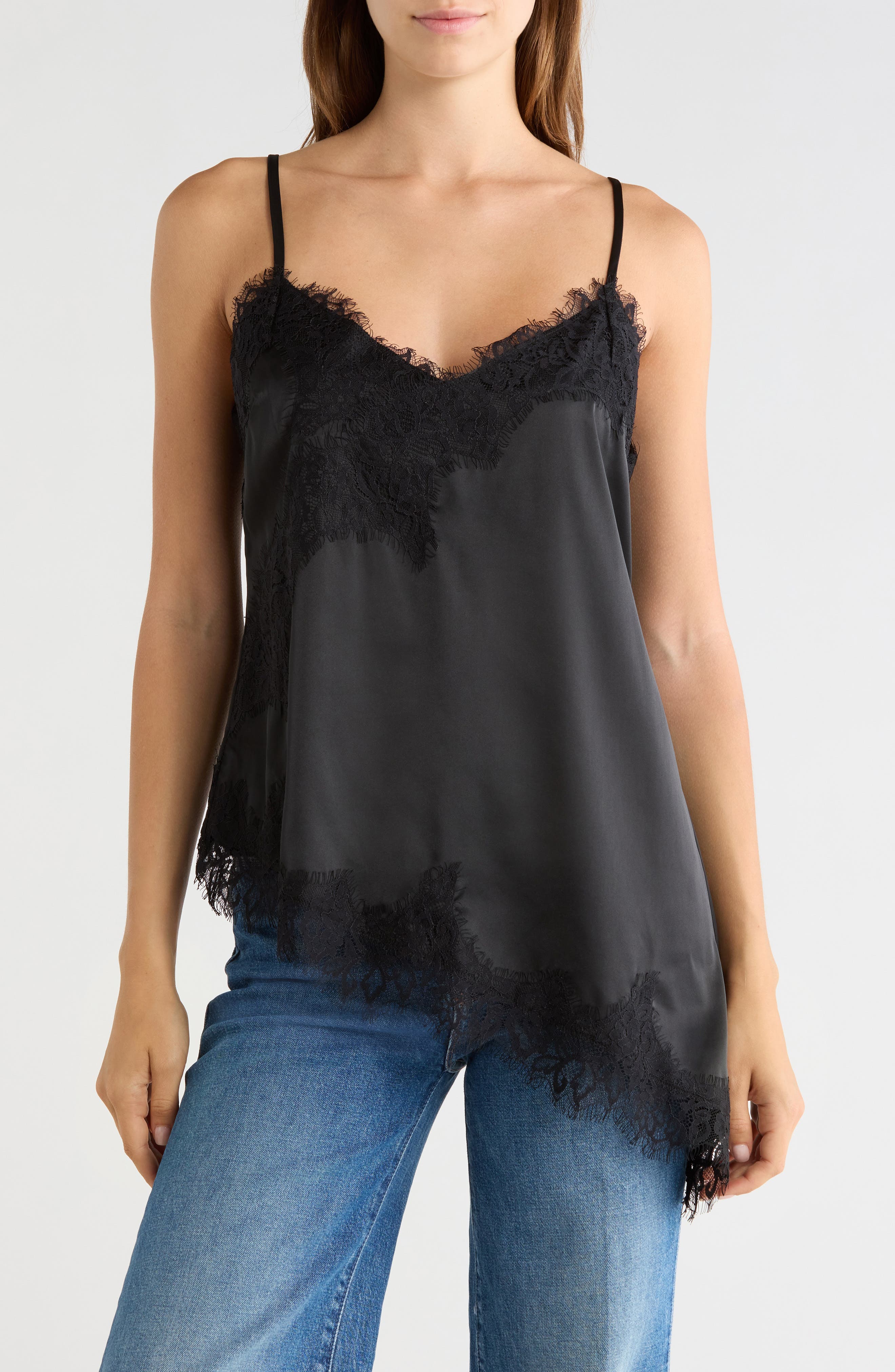 Lace Trim Asymmetric Hem Satin Camisole