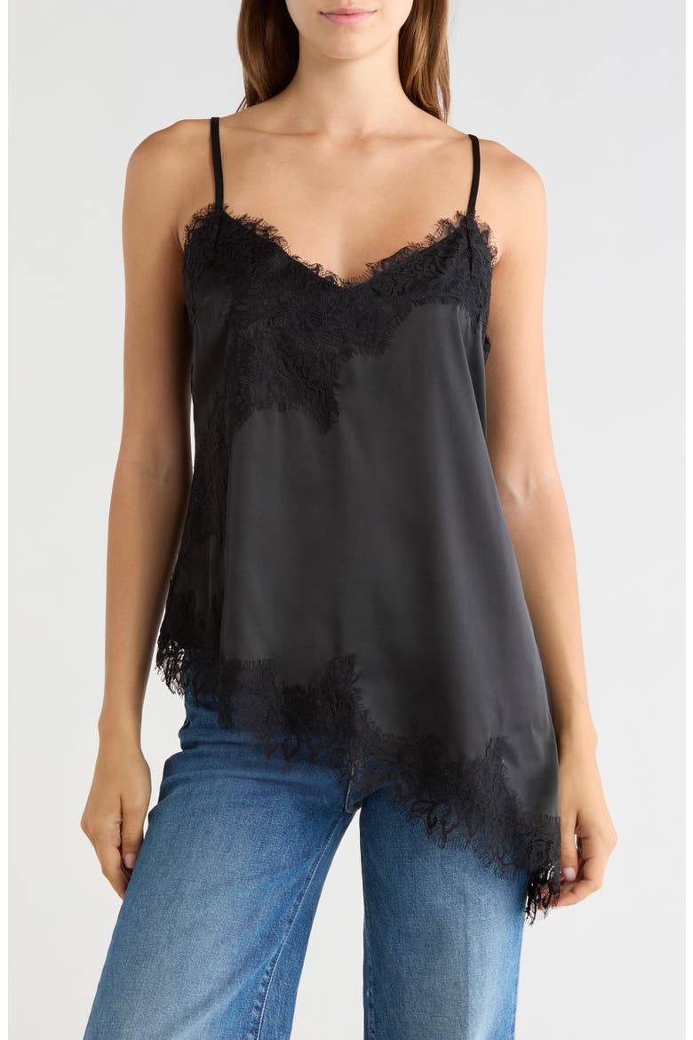 Lace Trim Asymmetric Hem Satin Camisole, Main, color, BLACK