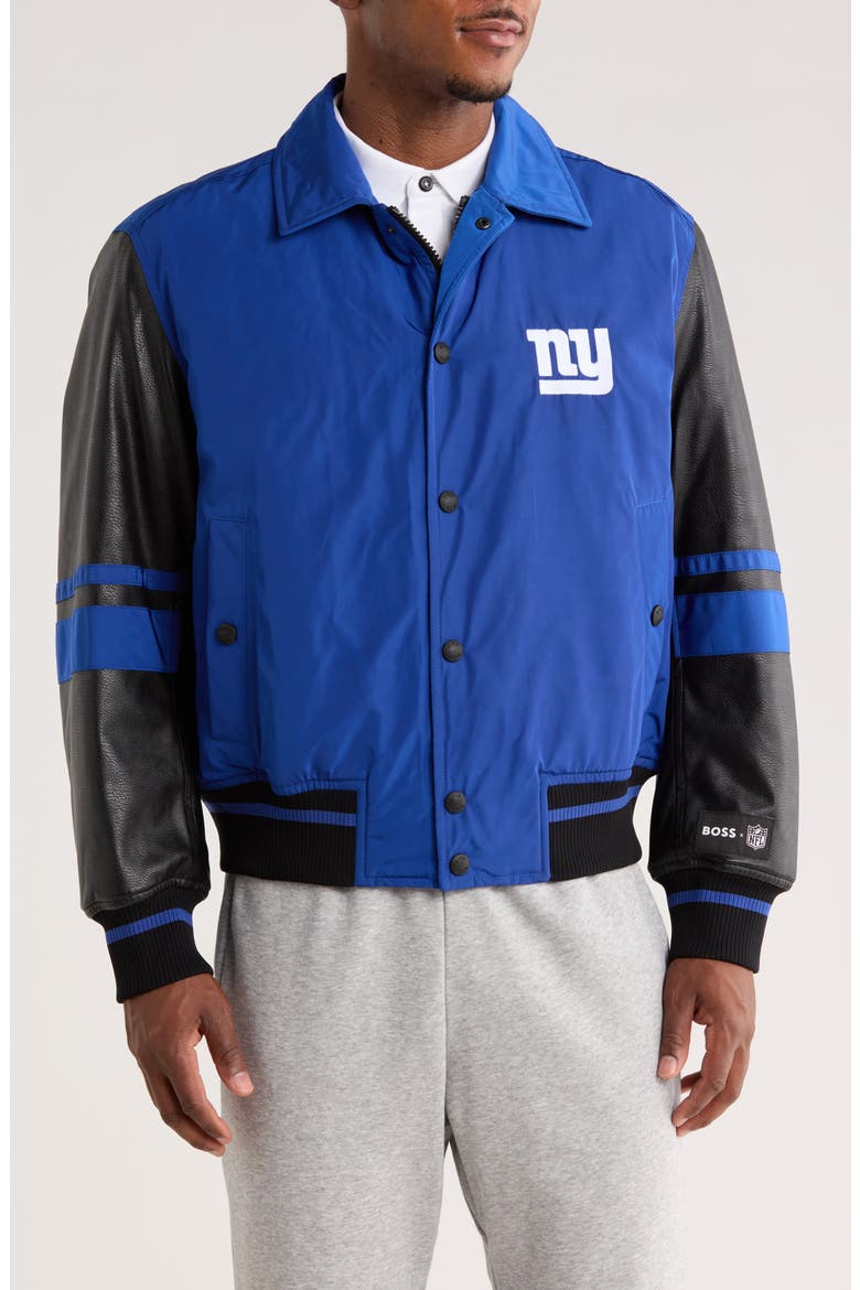 NFL New York Giants Faux Leather Sleeve Varsity Jacket, Main, color, MED BU