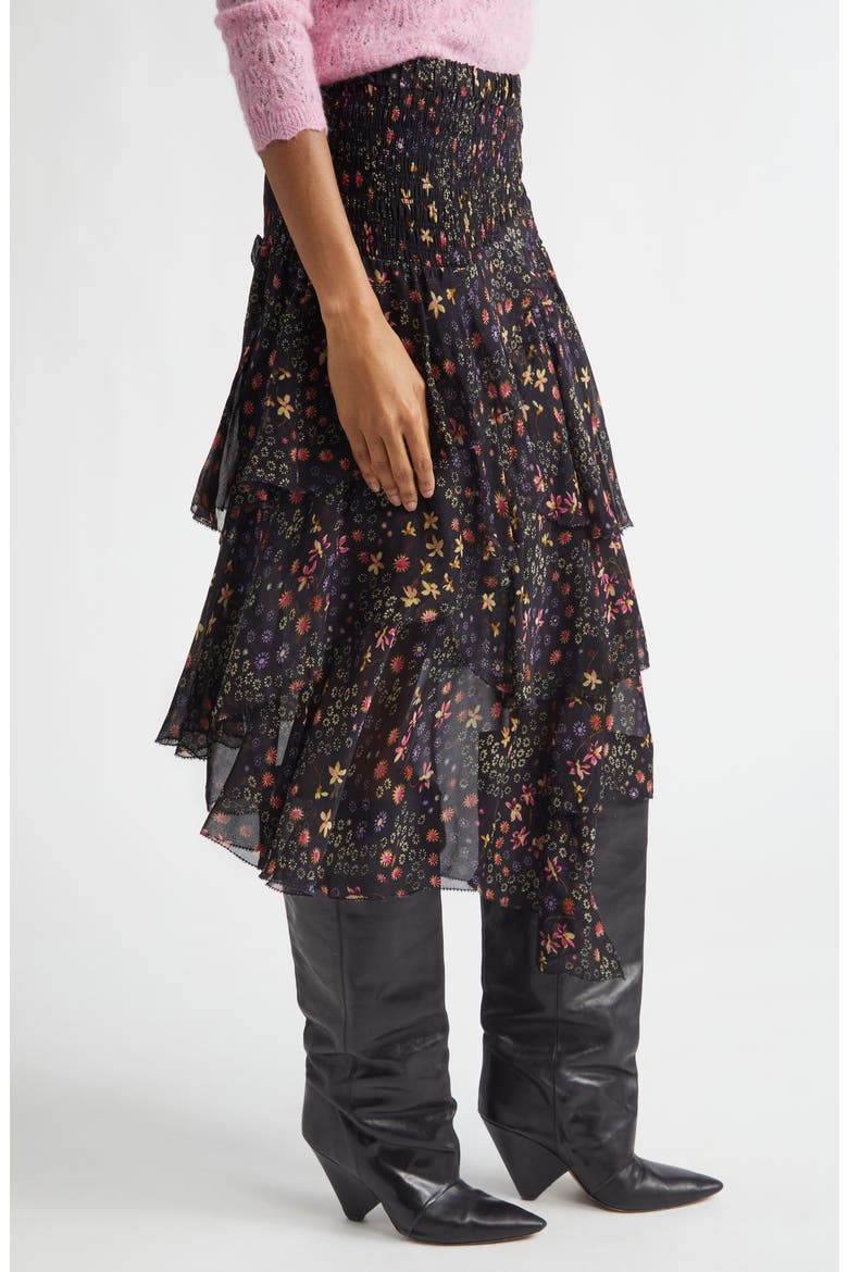 Brigitte Ruffle Smocked Midi Skirt, Alternate, color, BLACK/ ECRU