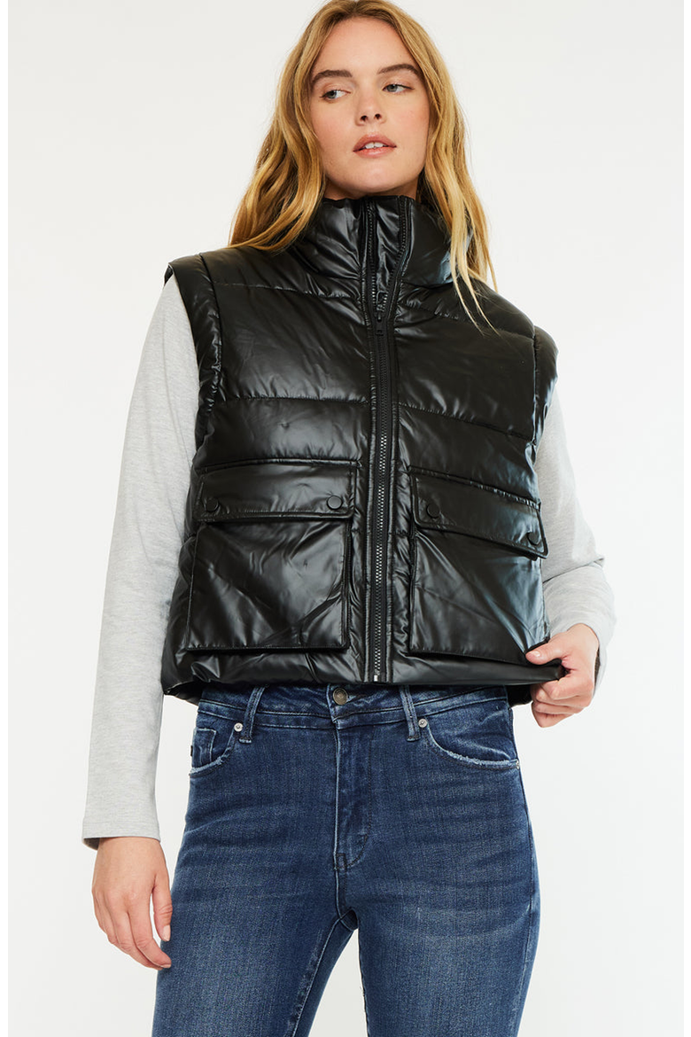 Obsidian Cropped Faux Leather Puffer Vest, Alternate, color, Black