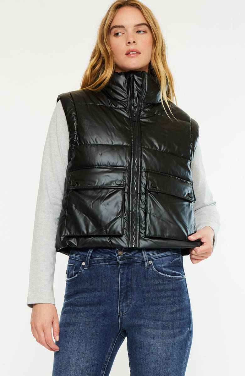 KanCan Obsidian Cropped Faux Leather Puffer Vest, Alternate, color, Black