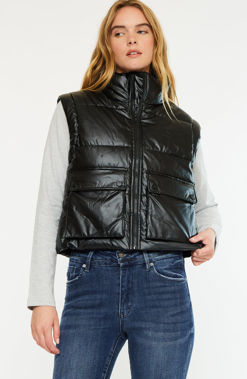 Kancan Obsidian Cropped Faux Leather Puffer Vest In Black
