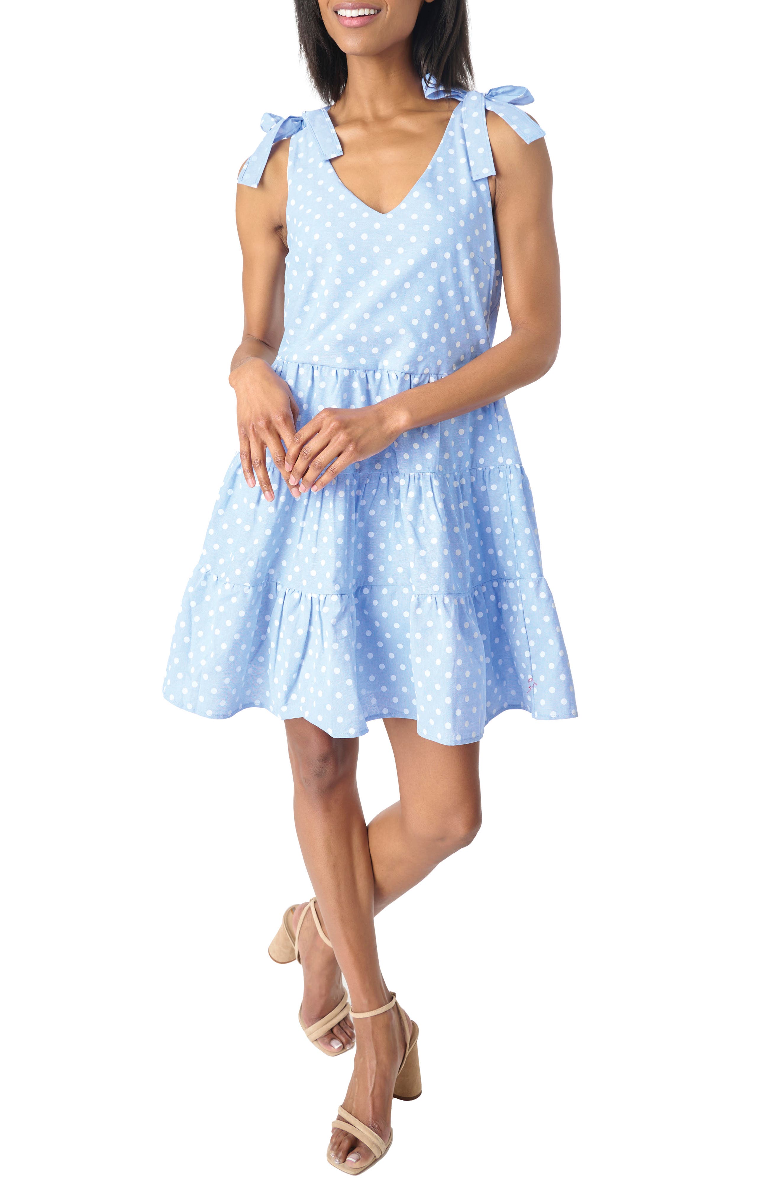 GIBSONLOOK Polka Dot Tie Strap Tiered Cotton Dress