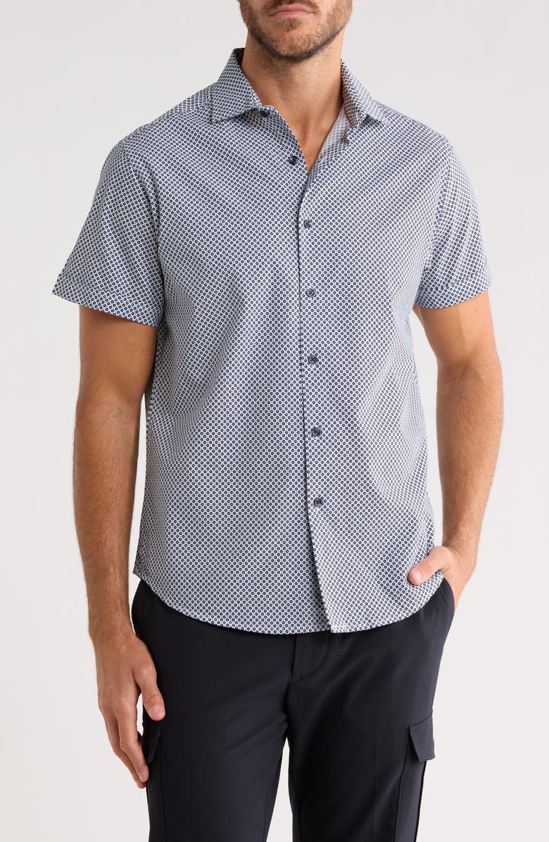 DENIM AND FLOWER Floral Short Sleeve Button-Up Shirt, Main, color, White W/ Navy Floral