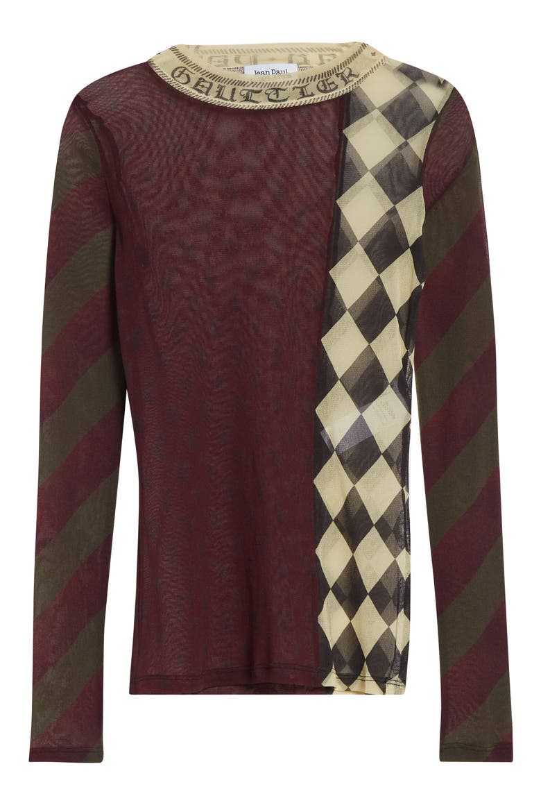 Checkerboard Long Sleeve Mesh Top, Alternate, color, BURGUNDY MULTICOLOR