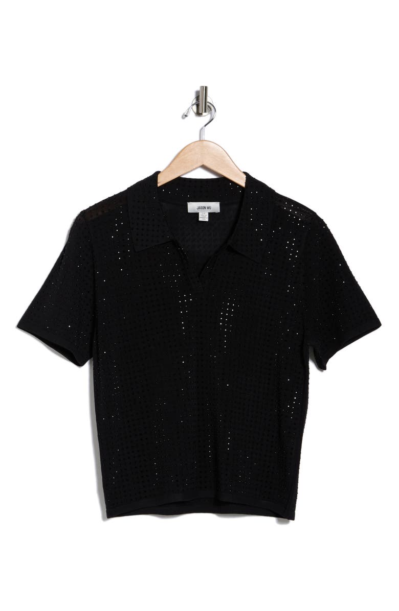 JASON WU Bejeweled Crop Polo Sweater, Alternate, color, Black