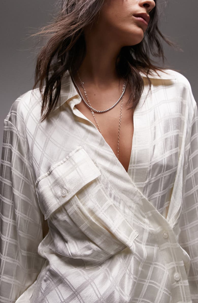 Topshop Self Check Satin Asymmetric Button-Up Shirt, Alternate, color, Ivory