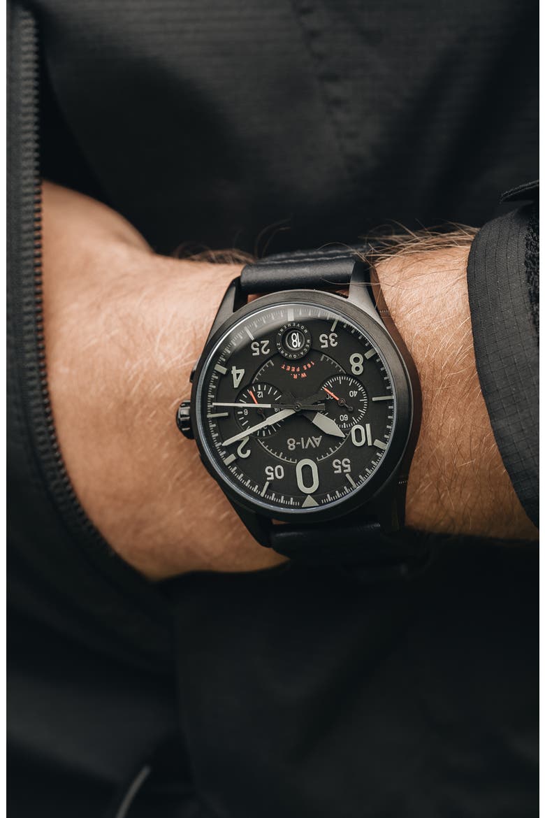Spitfire Lock Slate Dial Chronograph Leather Strap Watch, 42mm, Alternate, color, BLACK