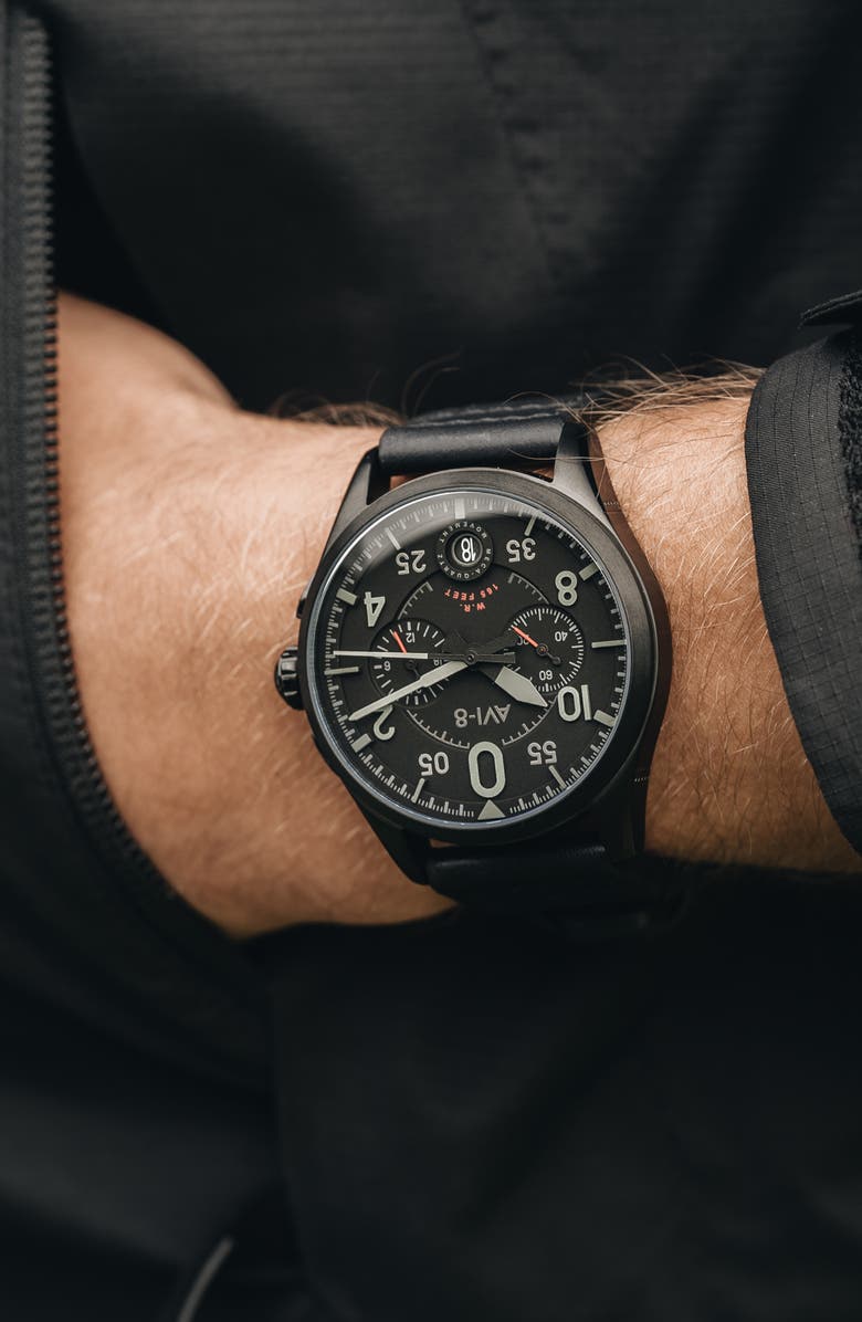 AVI-8 Spitfire Lock Slate Dial Chronograph Leather Strap Watch, 42mm, Alternate, color, Black