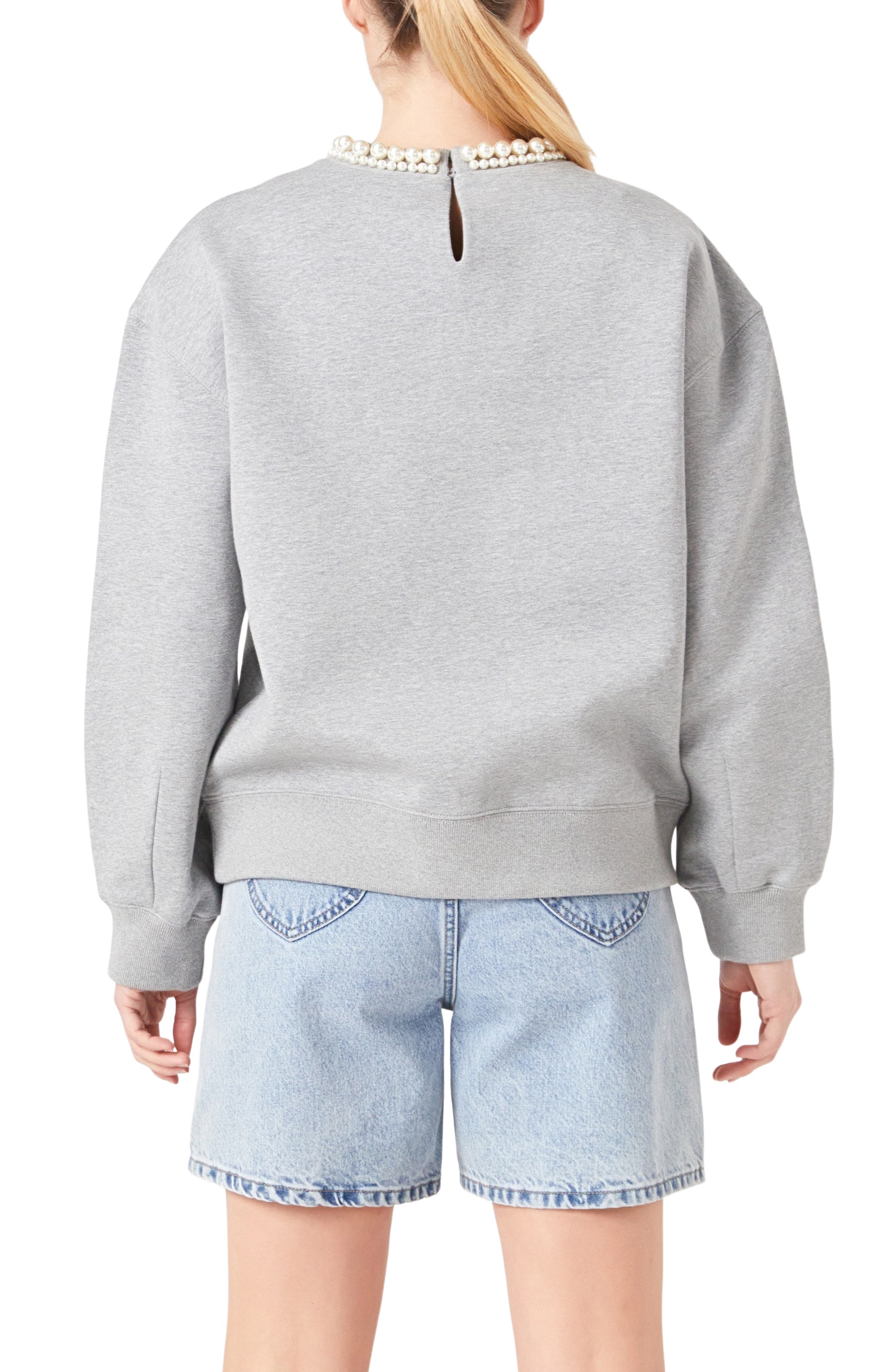 Imitation Pearl Embellished Crewneck Sweatshirt - image 2