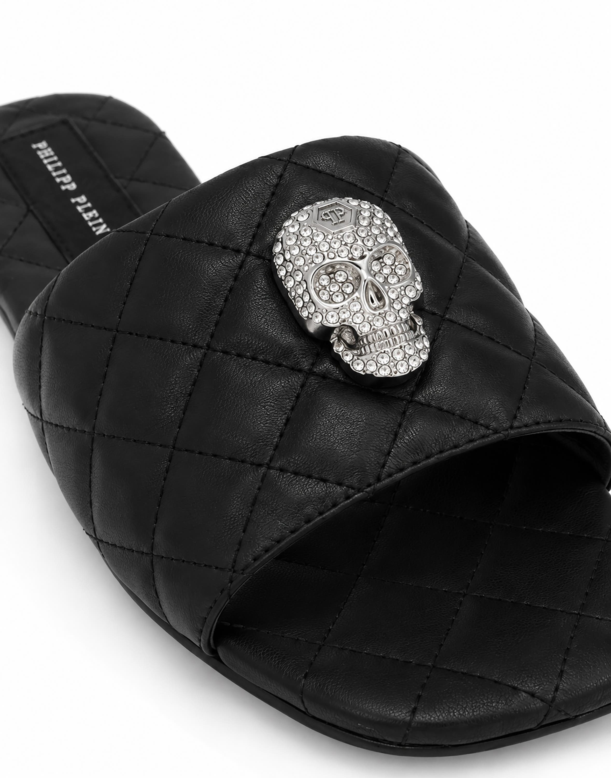 Nappa Flat Matelasse Sandals Crystal Skull Women, Alternate, color, black