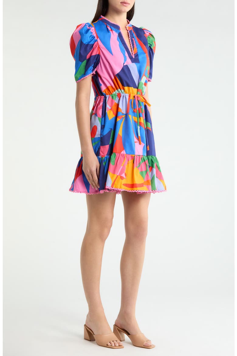 Chroma Lace Trim Puff Sleeve Drawstring Waist Cotton Dress, Alternate, color, RED-BLUE-MULTI