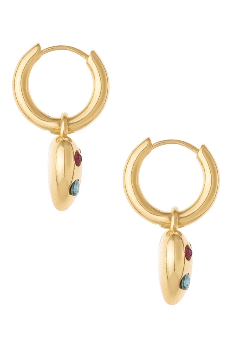 Rainbow Crystal Heart Drop Huggie Hoop Earrings, Alternate, color, GOLD