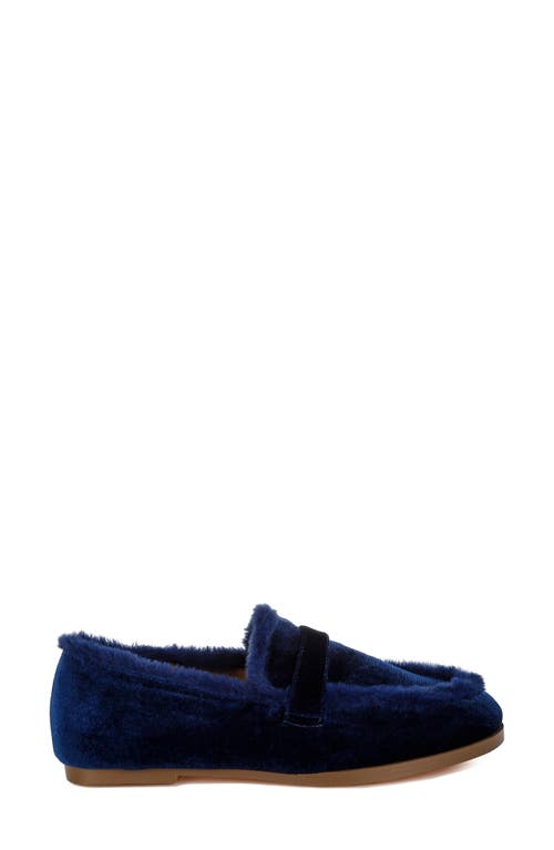 Rag & Co Bastian Faux Fur Trim Velvet Loafer In Dark Blue