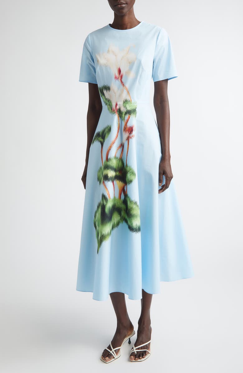 Oscar de la Renta Chiné Cyclamen Floral Poplin Midi Dress, Main, color, White/ Light Blue