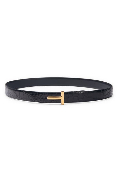 Tom Ford T Icon Reversible Croc Embossed Patent Leather Belt In Black