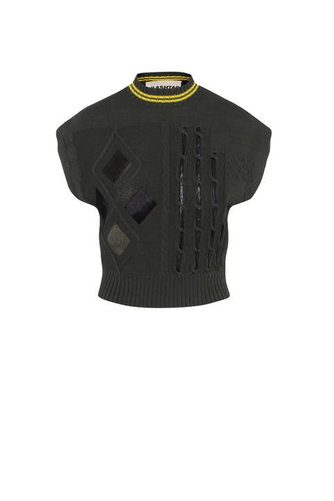 Cable Horse Hair Leather Trim Striped Neckline Knit Vest