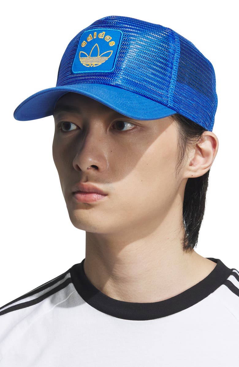 adidas Gender Inclusive Worldwide Patch Mesh Trucker Cap, Alternate, color, Bluebird/ Crew Yellow
