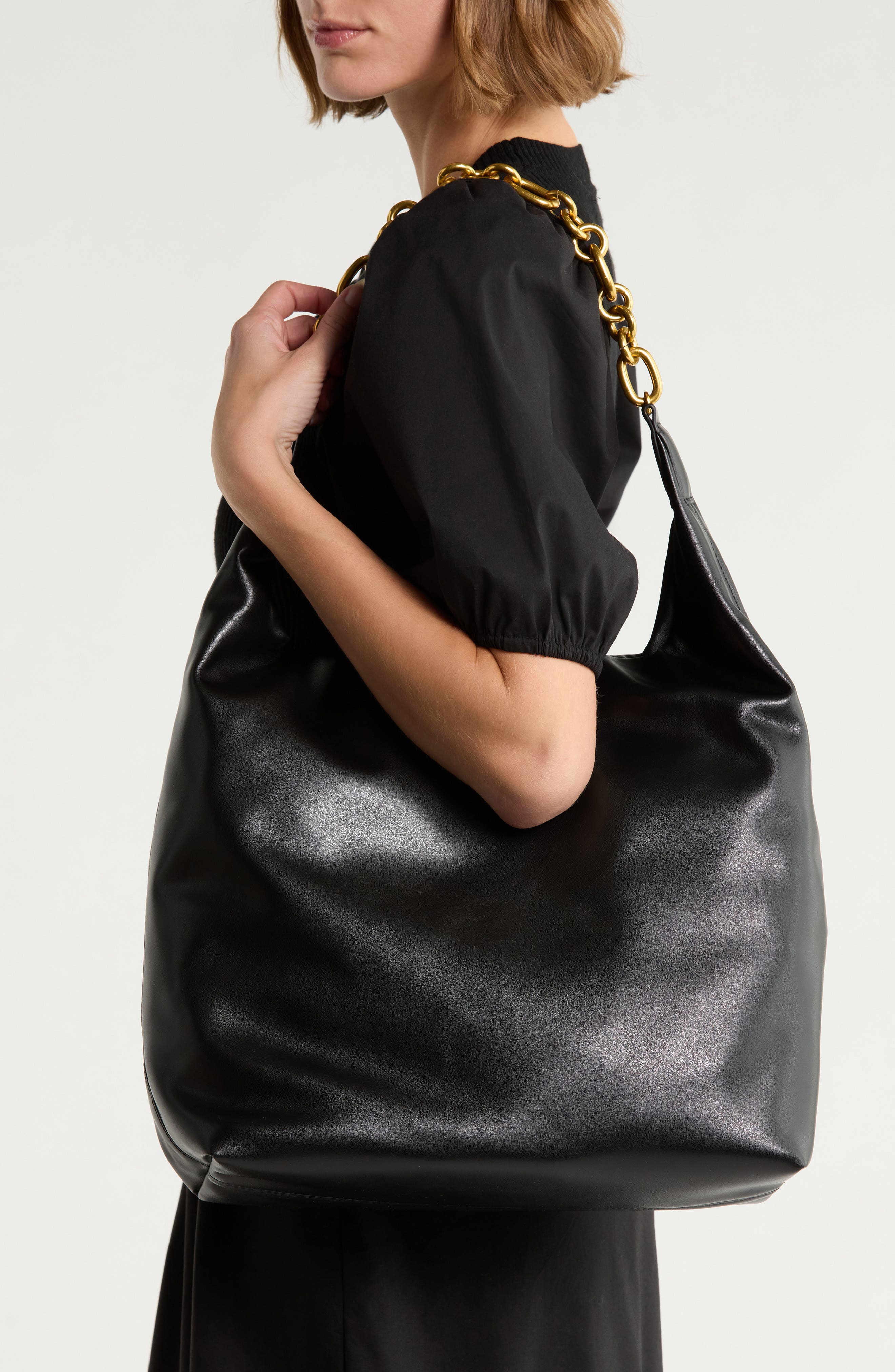 Chain Faux Leather Hobo, Alternate, color, BLACK