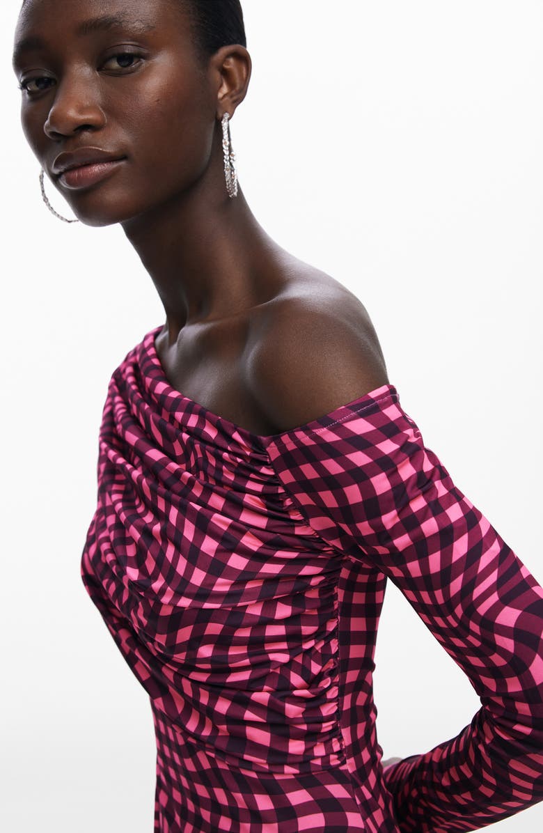 Desigual Psychedelic Checkered Off the Shoulder Long Sleeve Maxi Dress, Alternate, color, 