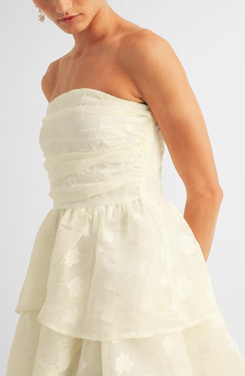 Arose Studio Milan Floral Jaquard Strapless Tiered Gown In White