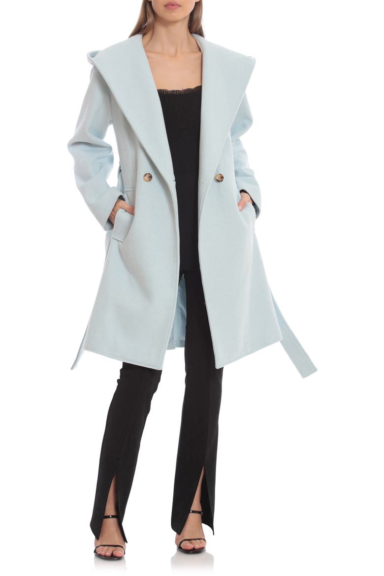Belted Hooded Twill Wrap Coat, Alternate, color, ICE BLUE