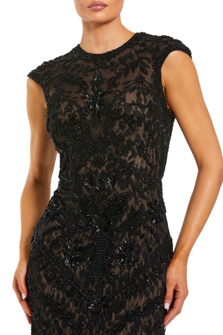 Beaded Lace Mesh High-Neck Sleeveless Column Gown, Alternate, color, Black Nude