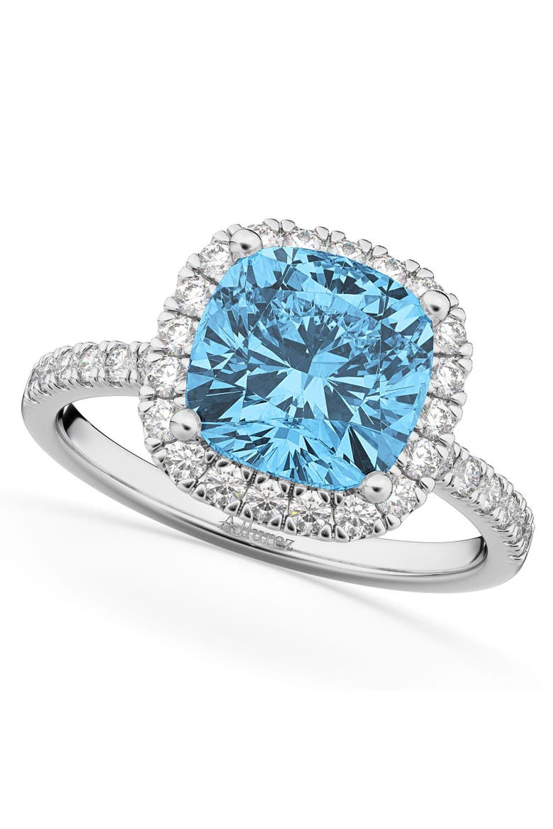 Cushion Cut Halo Blue Topaz & Diamond Engagement Ring 14k White Gold, Main, color, 3.11ct/White Gold