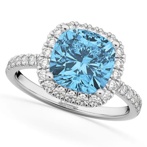 Cushion Cut Halo Blue Topaz & Diamond Engagement Ring 14k White Gold