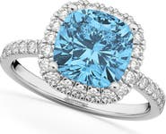 ALLUREZ Cushion Cut Halo Blue Topaz & Diamond Engagement Ring 14k White Gold