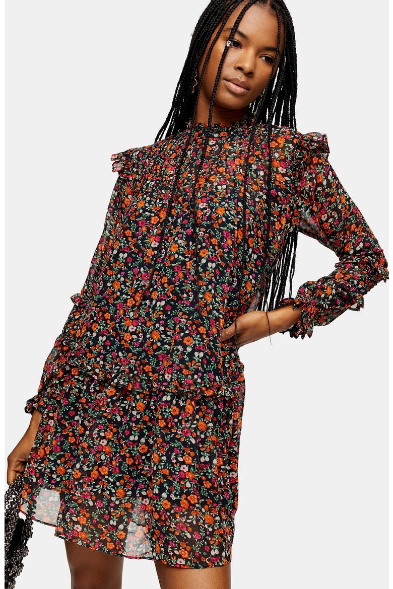 Long Sleeve Ditsy Floral Minidress, Alternate, color, BLACK MULTI