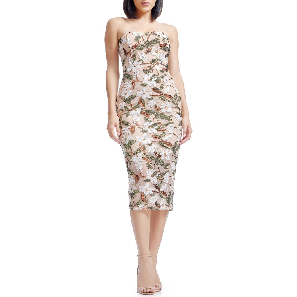 DRESS THE POPULATION DRESS THE POPULATION SHAILENE SEQUIN FLORAL STRAPLESS MIDI COCKTAIL DRESS