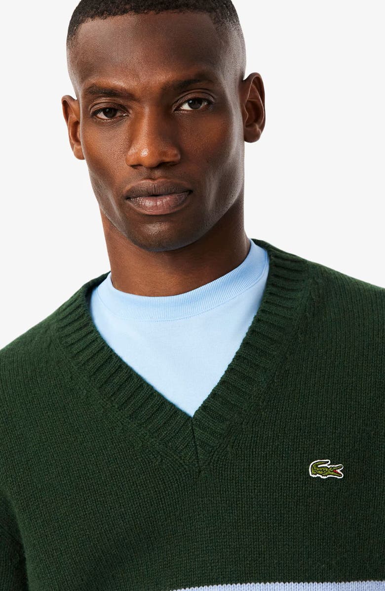 Lacoste Classic Stripe Wool V-Neck Sweater, Alternate, color, Sinople/ Overview