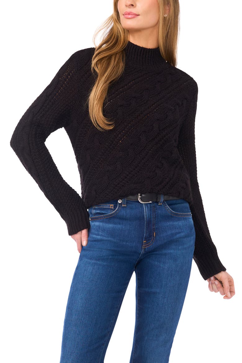 Diagonal Cable Mock Neck Sweater, Main, color, RICH BLACK
