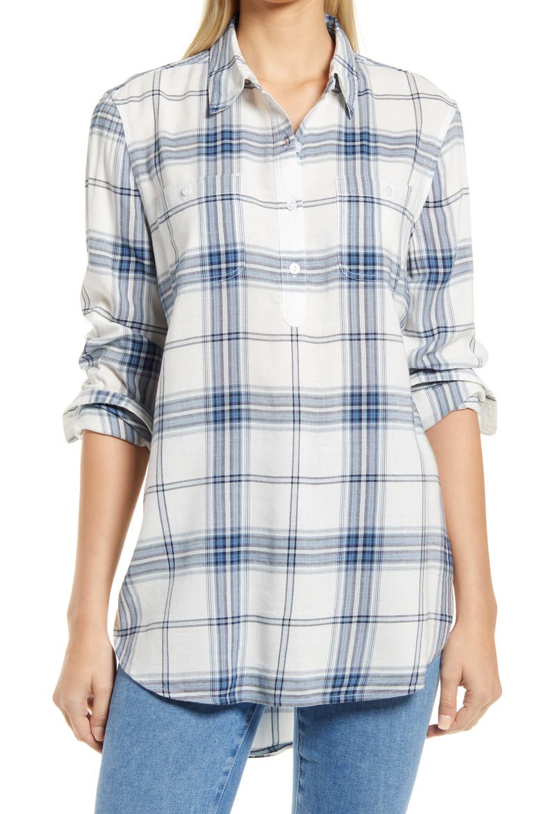 Plaid Popover Tunic, Main, color, IVORY- NAVY PLAID