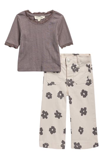 Jessica Simpson Lace Trim Top & Wide Leg Pants In Brown