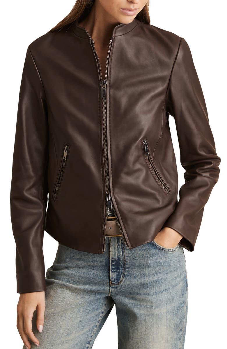 Reiss Allie Leather Jacket, Main, color, Chocolate Brown