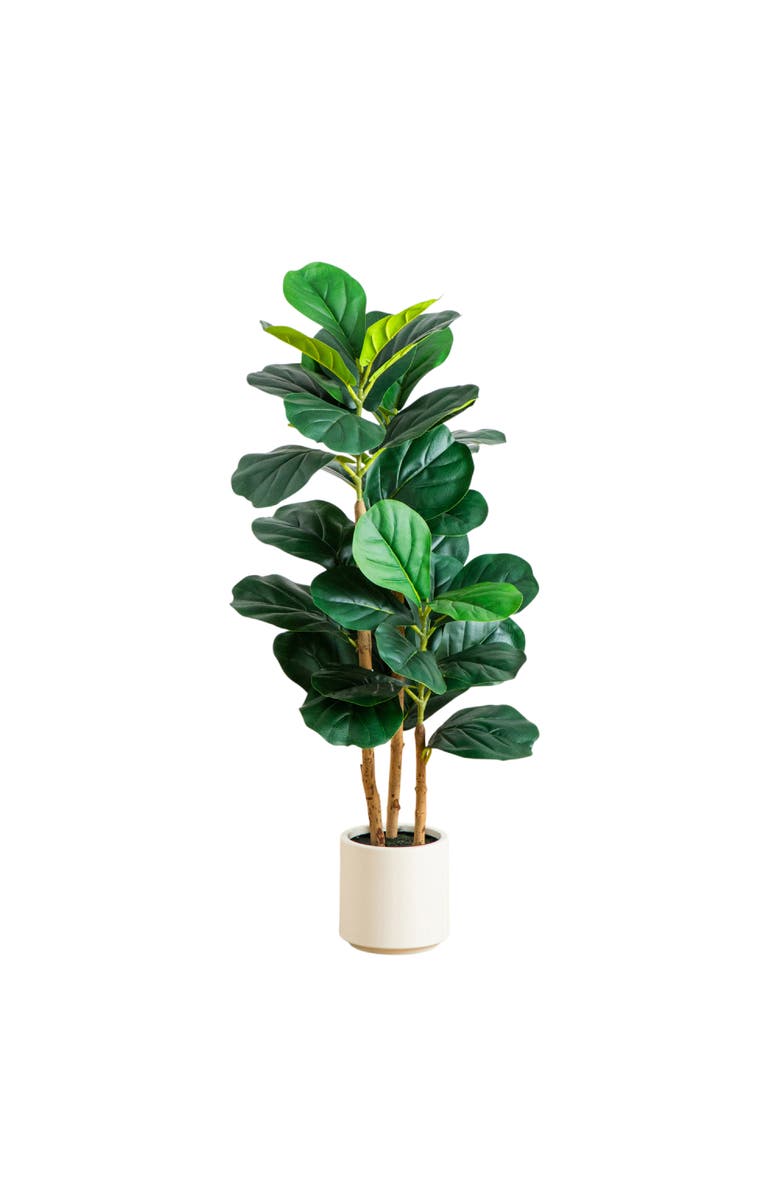 NEARLY NATURAL 3-ft Artificial Fiddle Leaf Tree in Decorative White Planter, Main, color, Green/Brown
