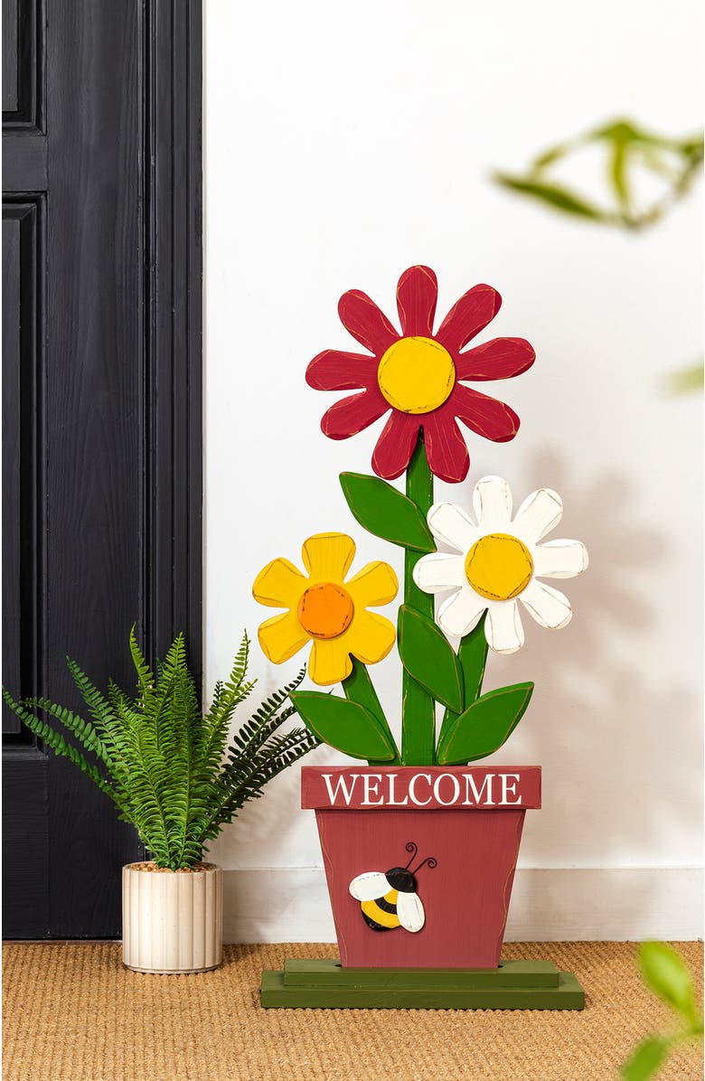 Glitzhome Wooden Trio Flowers Welcome Porch Décor, Alternate, color, Red