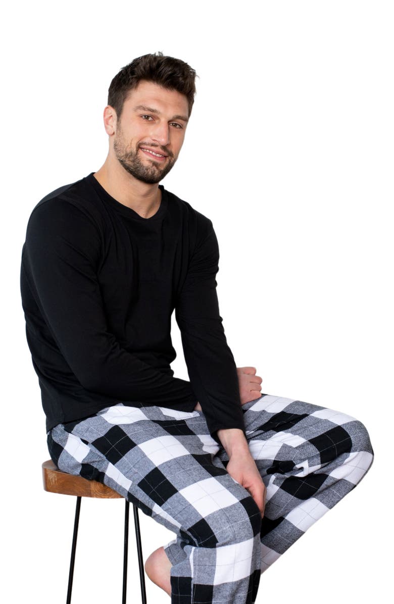 Leveret Men's Cotton Top & Flannel Pants Printed Holiday Pajama Set, Alternate, color, Plaid Black & White