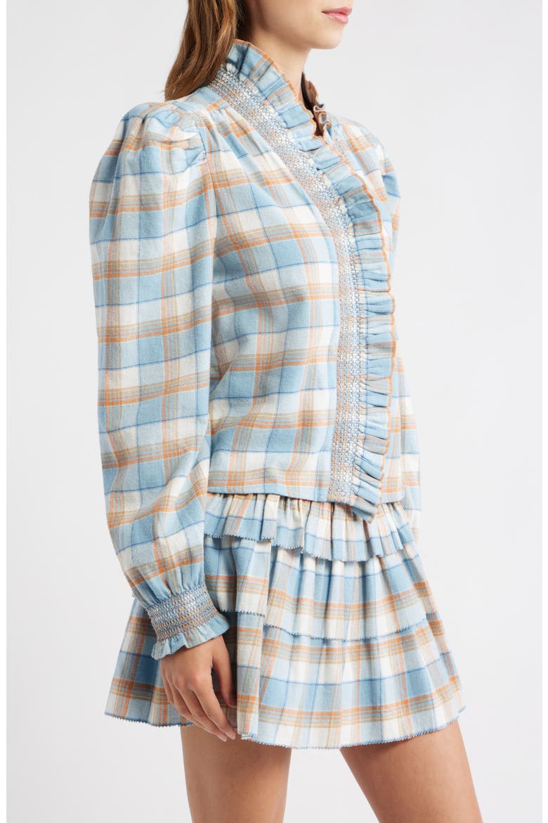 Zuri Ruffle Trim Cotton Button-Up Top, Alternate, color, WINDCHIME PLAID