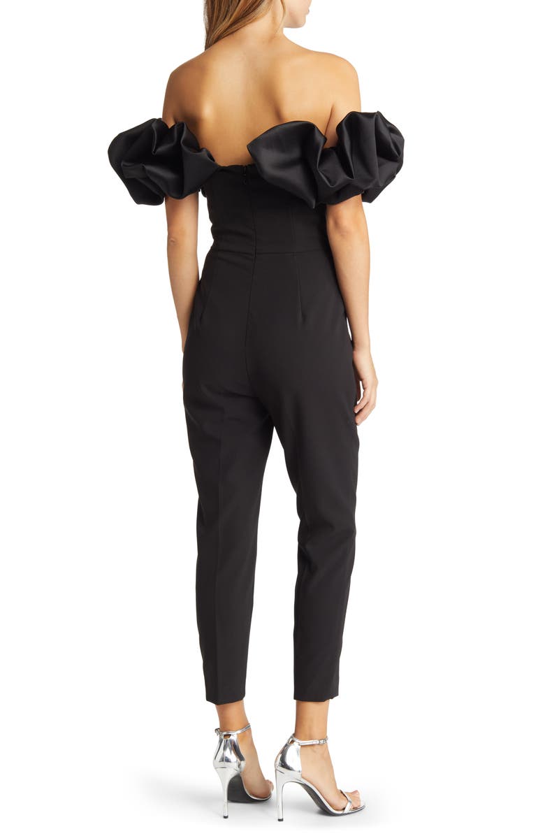 Lavish Alice Pleated Corset Off the Shoulder Satin Jumpsuit, Alternate, color,