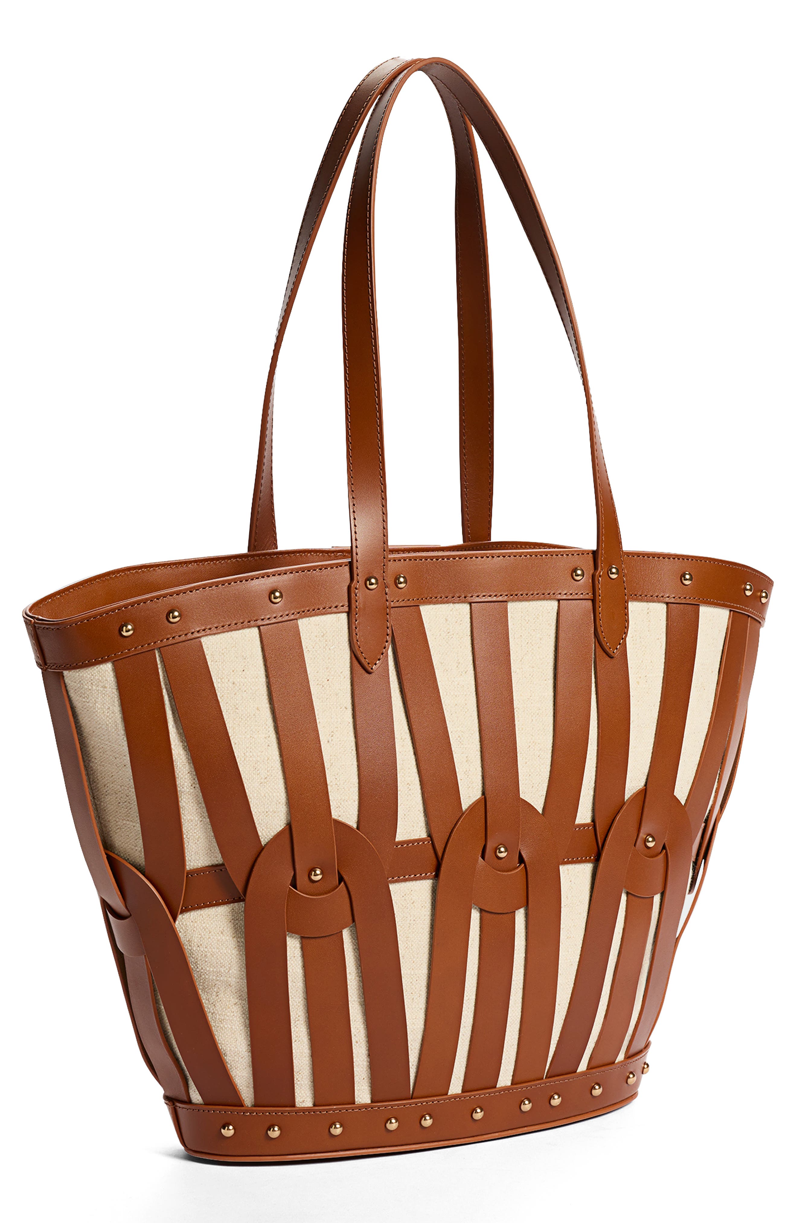 Sam Edelman Large Bay Dye Cut Leather & Canvas Tote, Alternate, color, Cognac